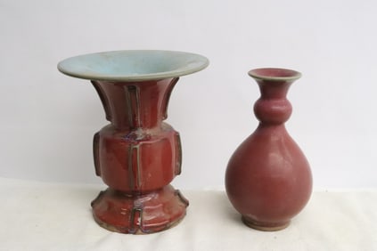 2 Chinese red glazed porcelain vases