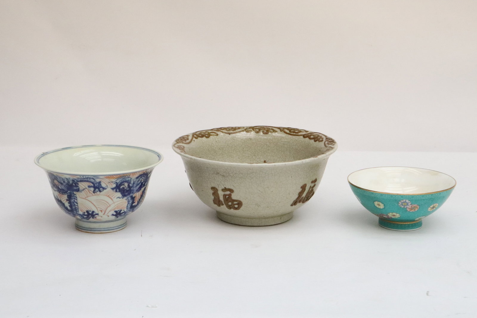 3 porcelain bowls: 3 porcelain bowls, 2.25"x5.1"dia - 3.85"x8.2"dia