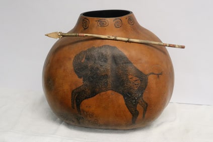 Native American style painted gourd, signed & dated