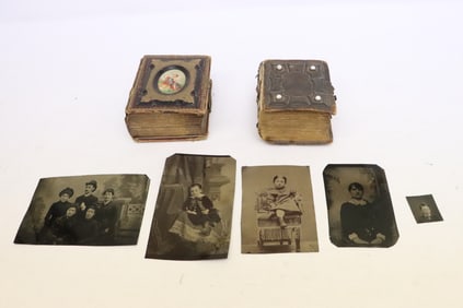 antique album w/ tin type photos, & 4 large tin type photos