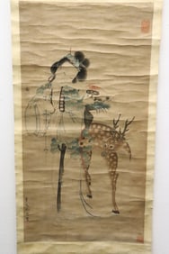 Chinese watercolor scroll "lady with deer"