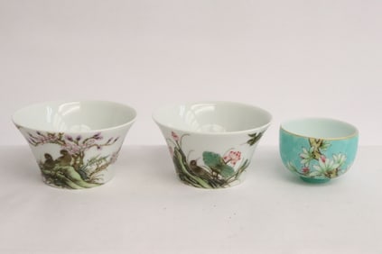 3 famille rose teacups, one minor chip