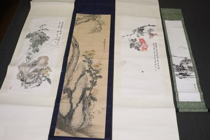 4 Chinese print scrolls, cracks, repairs