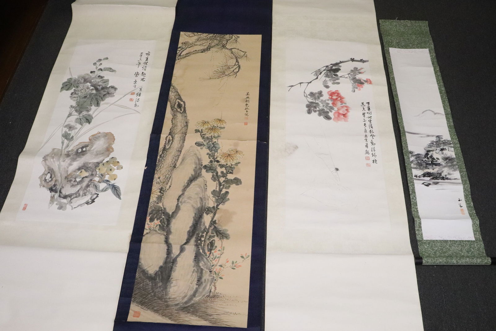 4 Chinese print scrolls, cracks, repairs (1 of 9)