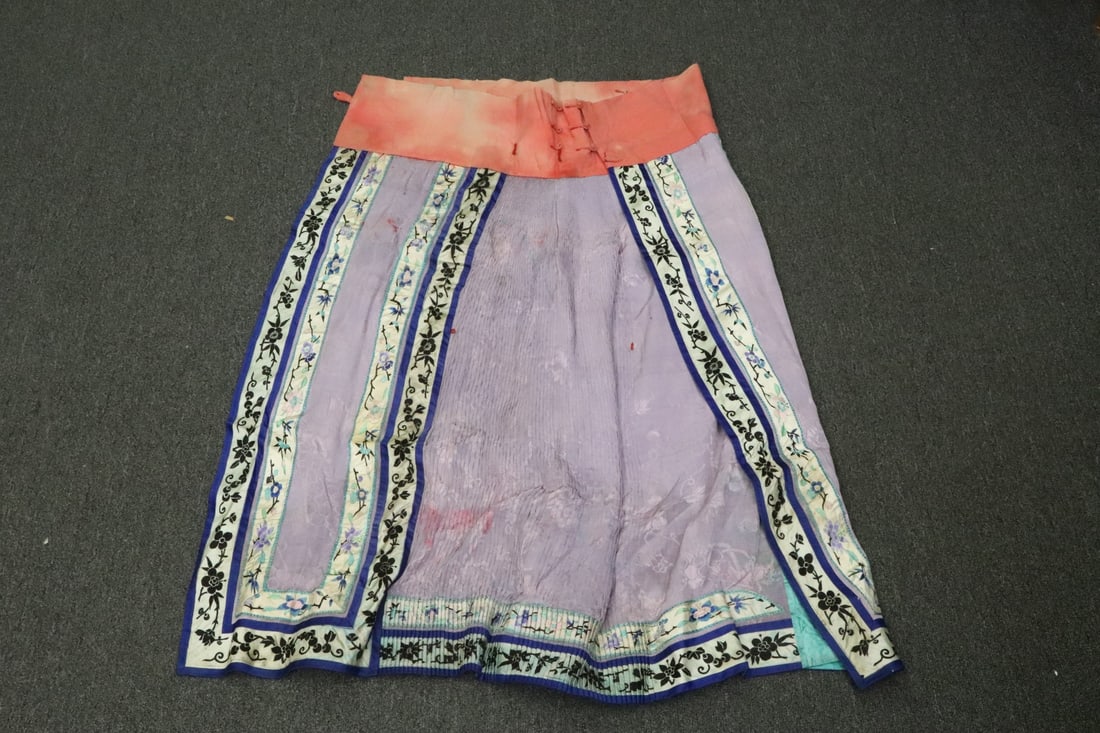 Chinese 19th century lady's embroidery skirt: Chinese 19th century lady's embroidery skirt, discolor and color stain, 36.5"L