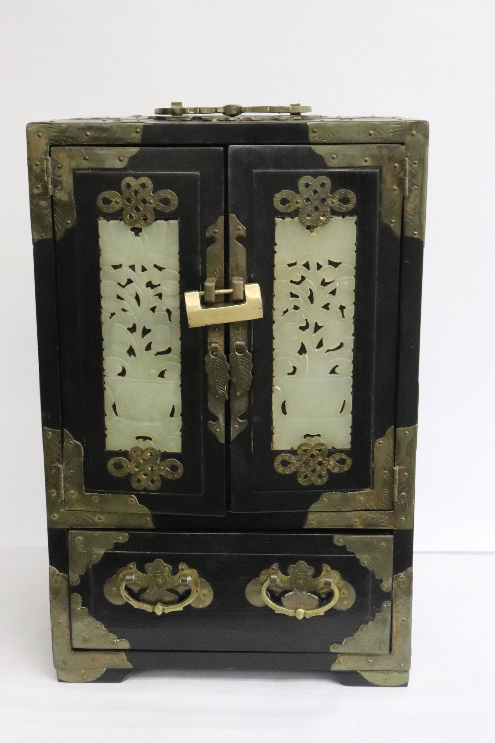 Chinese jewelry chest decorated w/ jade like stone (1 of 12)