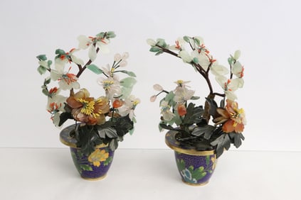 Pair jade trees with cloisonne base