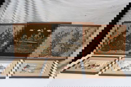 6 Asian framed embroidery style panels