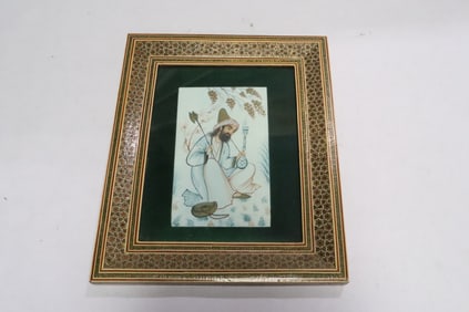 Persian watercolor panel with elaborate inlaid frame