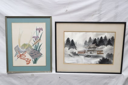 2 Japanese framed embroidery panels
