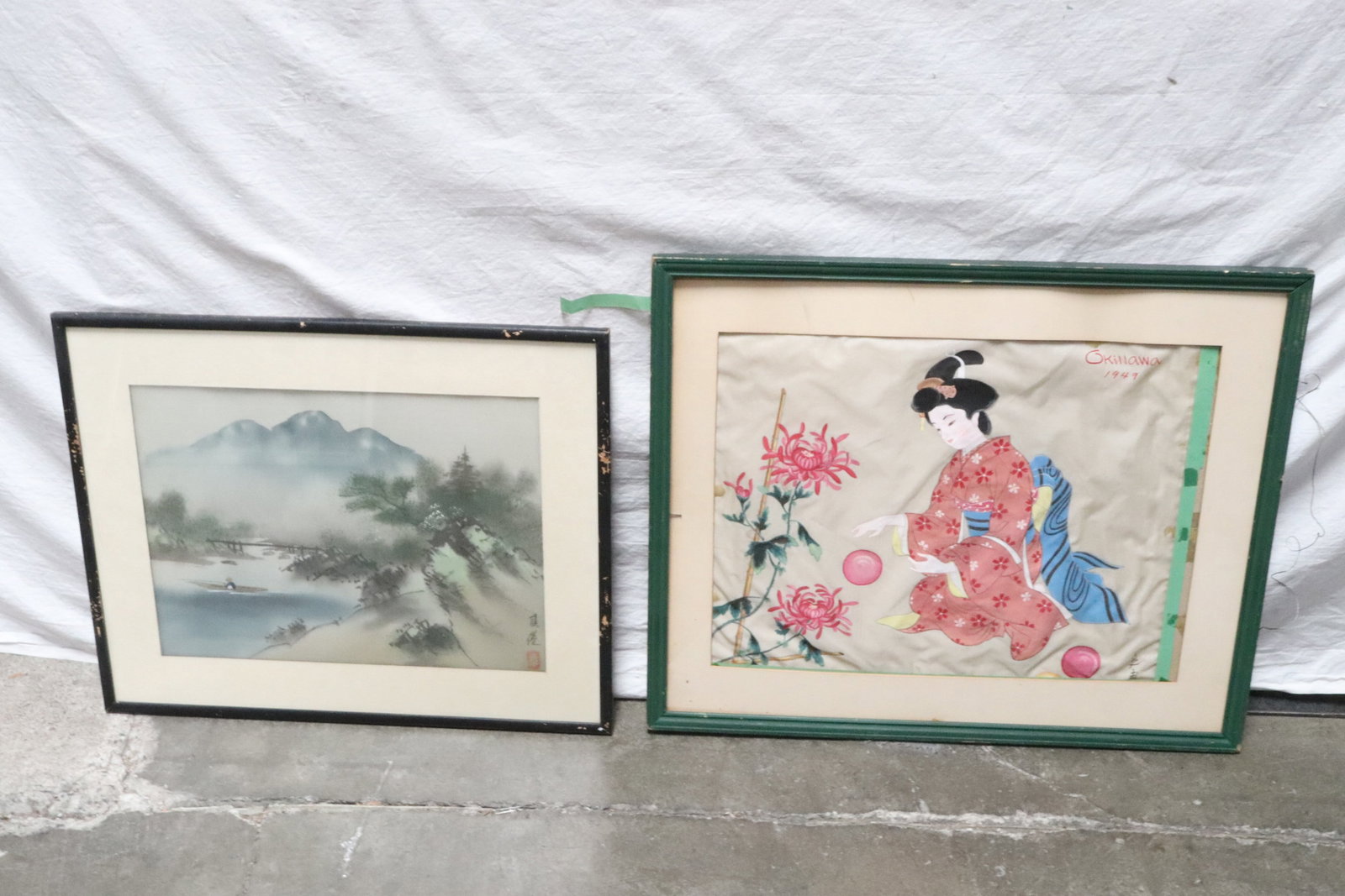 2 Japanese framed watercolors: 2 Japanese framed watercolors; "portrait of lady" (13"x18" (F: 19.25"x23.2"x0.65")), and "landscape of lake scene" (11.4"x15.35" (F: 16.75"x20.7"x0.5"))