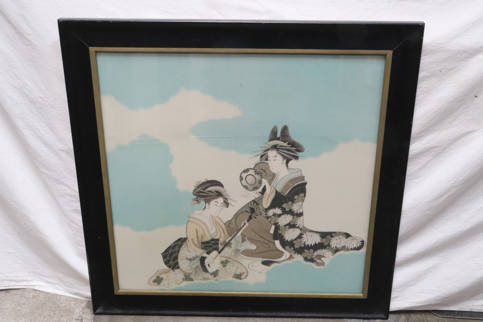 Japanese large watercolor on cloth panel: Very fine Japanese large watercolor on cloth panel depicting 2 geisha girls, 25.8"x25.8" (F: 31.7"x31.7"x0.7")