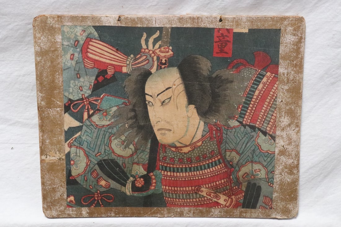 2 Japanese woodblock prints pasted on board: 2 Japanese woodblock prints (7.7"x8.85" ea) pasted on board