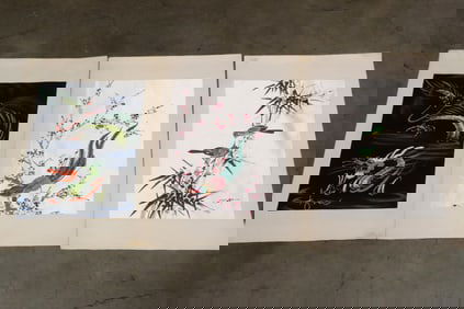 3 Chinese embroidery on watercolor/ pastel panels