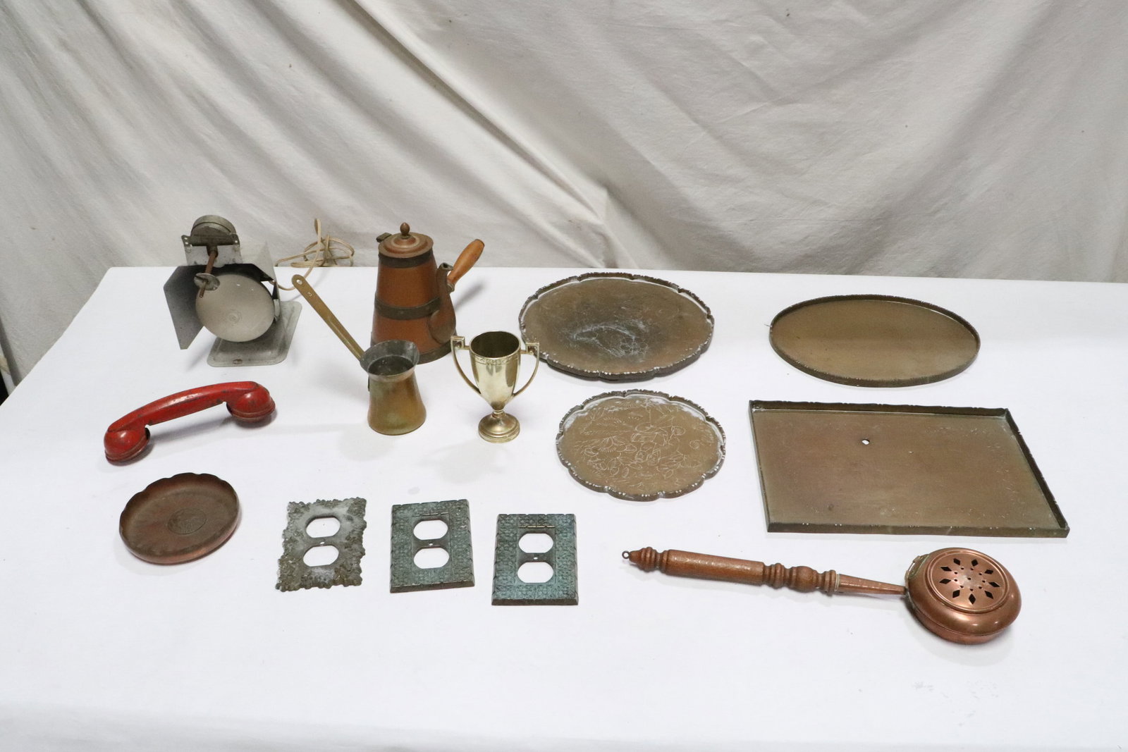 Lot of misc.; including antique Chinese brass platters: Lot of misc.; including antique Chinese brass platters (0.4"x7.35"dia - 0.6"x8"x12")