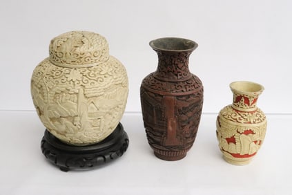 3 cinnabar style vase/ jar