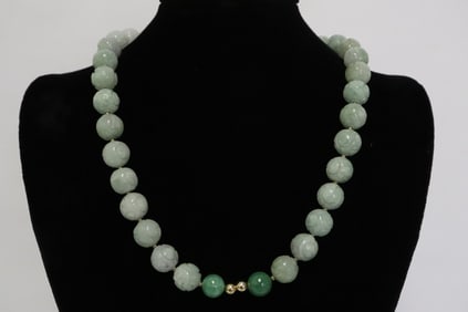 carved jadeite bead necklace w/ 14K Y/G ball clasp