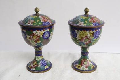 Pair Chinese vintage cloisonne covered stem bowls