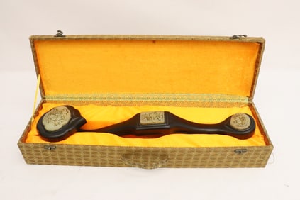 Chinese wood ruyi with Peking glass inset