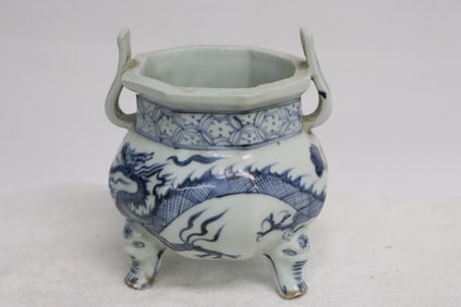 Chinese blue & white porcelain tripod handled censer