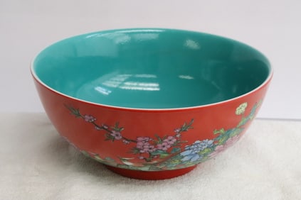 Chinese red background famille rose porcelain bowl