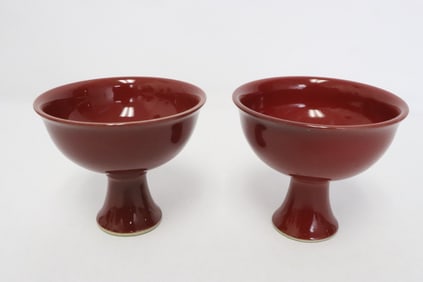 Pair Chinese red glazed porcelain stem cup