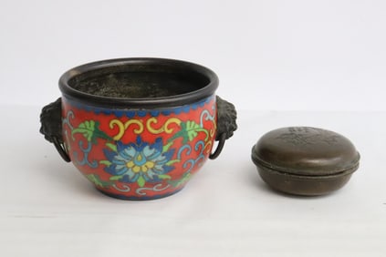 cloisonne bronze censer, and a bronze box