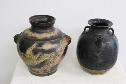 2 Chinese earthenware jars
