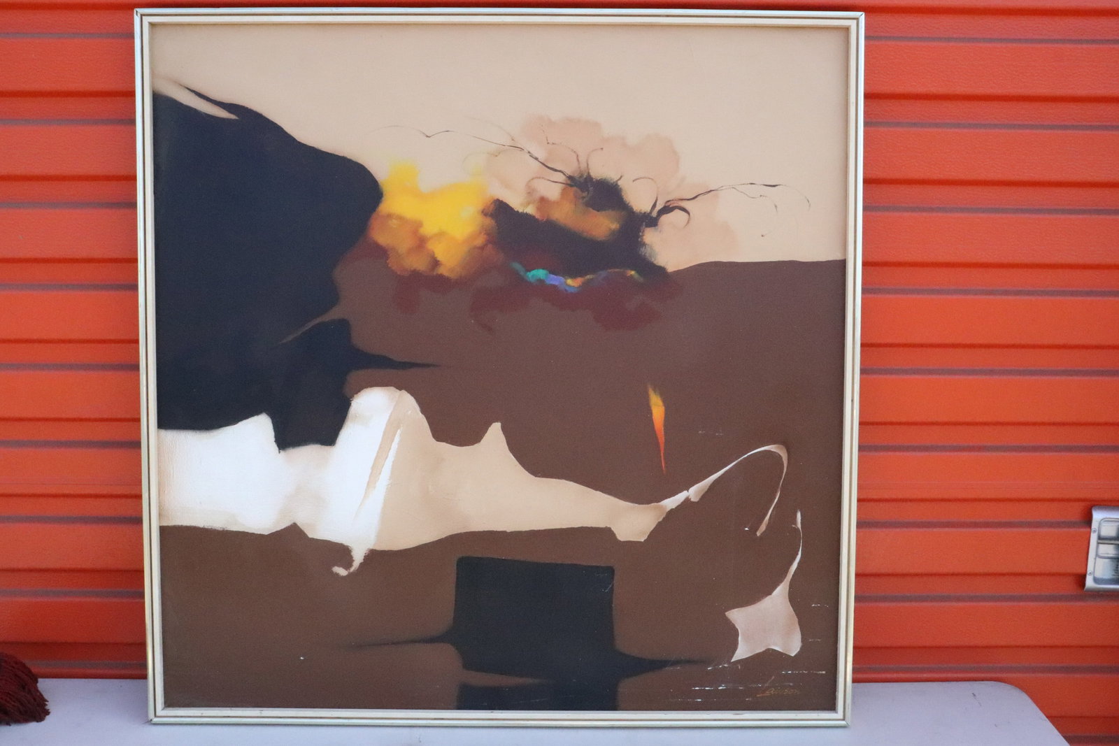 Oil on canvas by Lawson: Oil on canvas "composition in brown in HS 171" by Lawson, 39.6"x39.6" (F:41.2"x41.2"x2.15")