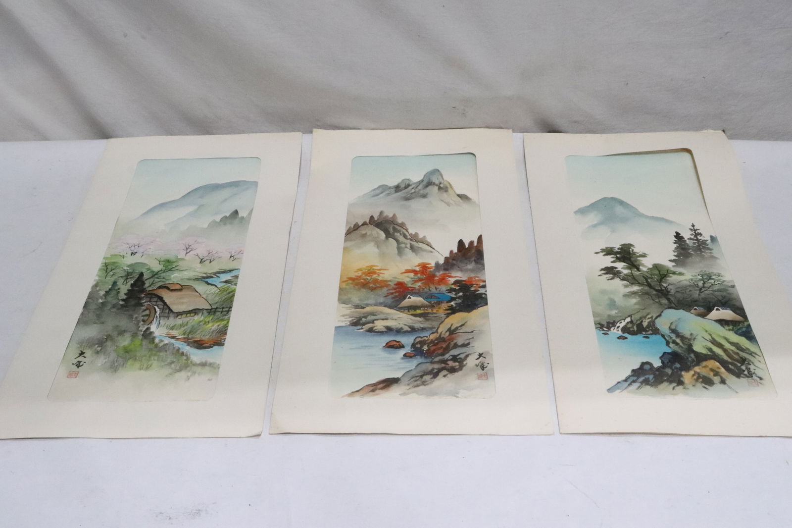 3 Chinese watercolor on silk panel paintings, signed (1 of 10)