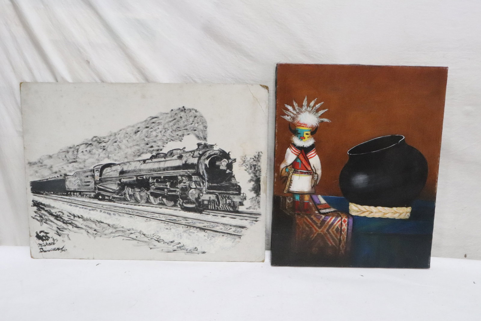 2 paintings: 2 paintings; o/c "Kachina doll" (20"x16"), and charcoal on board by michael Duncan (17.9"x24")