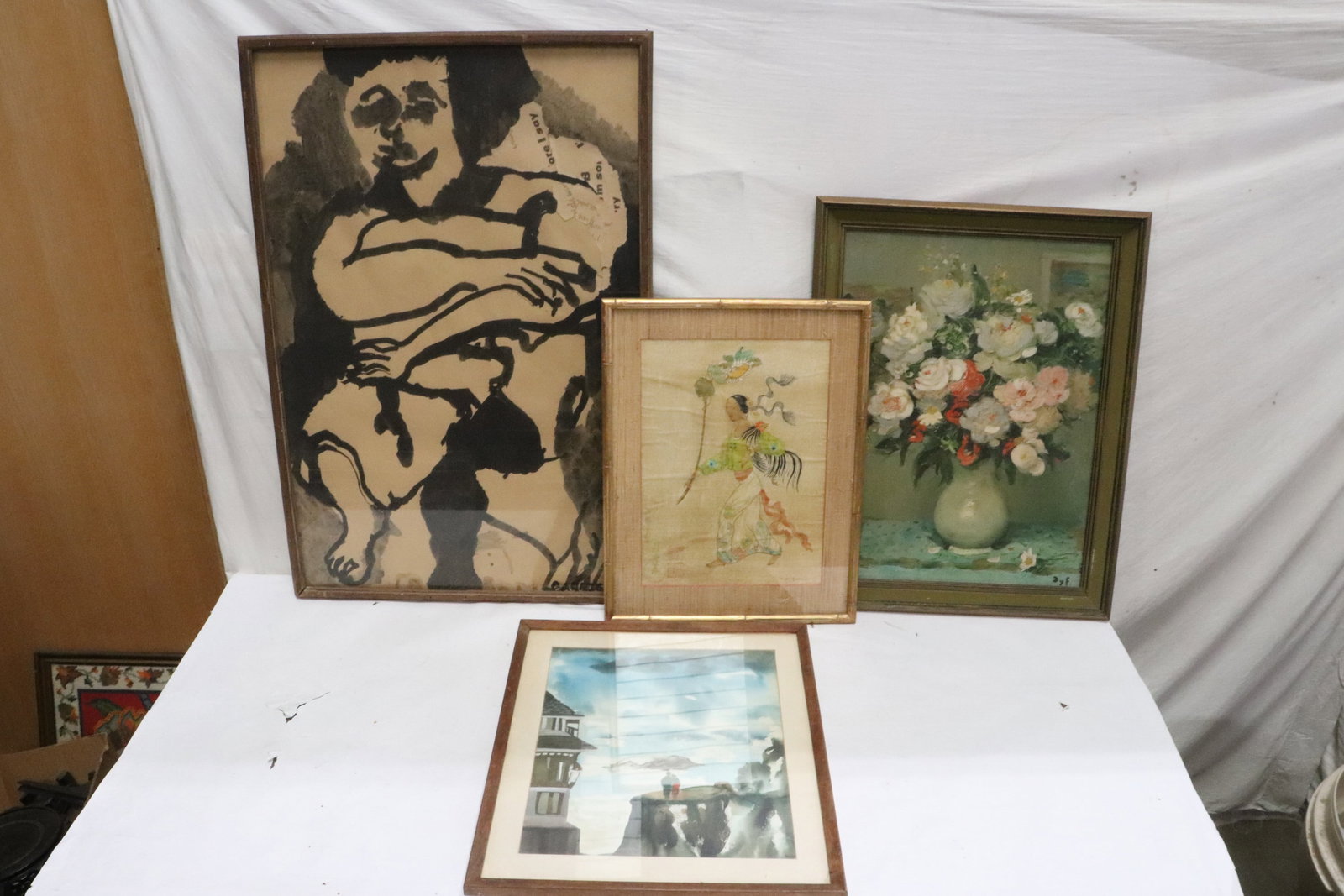 4 pieces; an oil painting, and 3 watercolors: 4 pieces; an oil painting (23.6"x17.6" (F:27.9"x21.8"x2.25")), and 3 watercolors (16.25"x11.75" (F:21.7"x17"x0.8") - 35.65"x23.6" (F:37.5"x25.25"x1.95"))