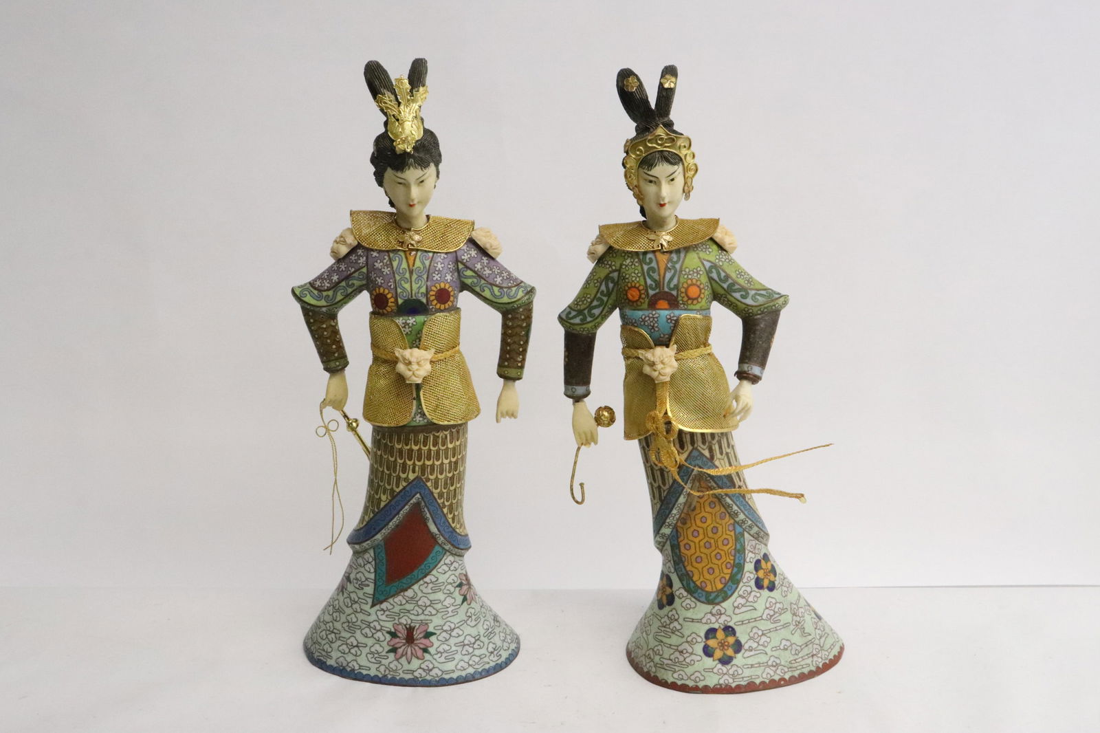 2 Chinese cloisonne figures: 2 Chinese cloisonne figures, 12.7"H, 12.85"H
