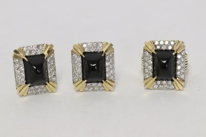 3 pc 14K Y/G jewelry suite w/ black onyx & diamonds