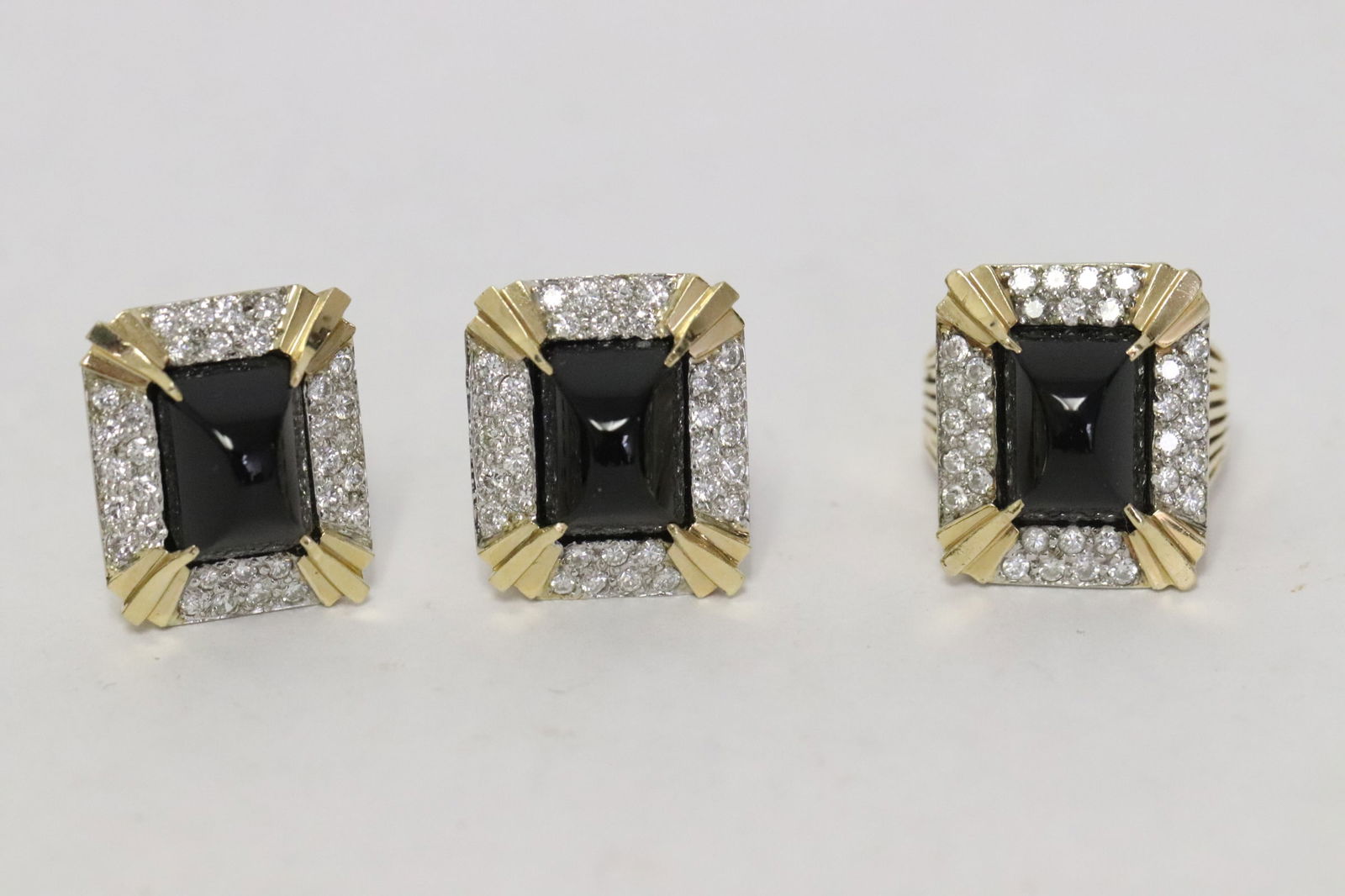 3 pc 14K Y/G jewelry suite w/ black onyx & diamonds