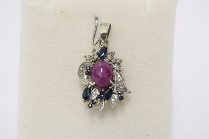14K W/G star ruby sapphire diamond pendant