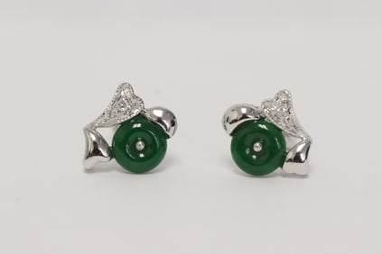 Pair 18K W/G jadeite diamond earrings w/ GIA certificate