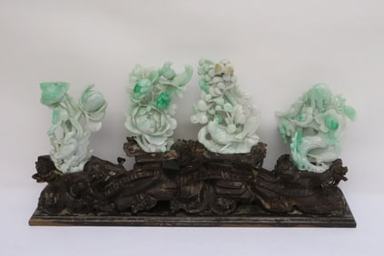 Chinese 19th/20th c. jadeite carvings on stand