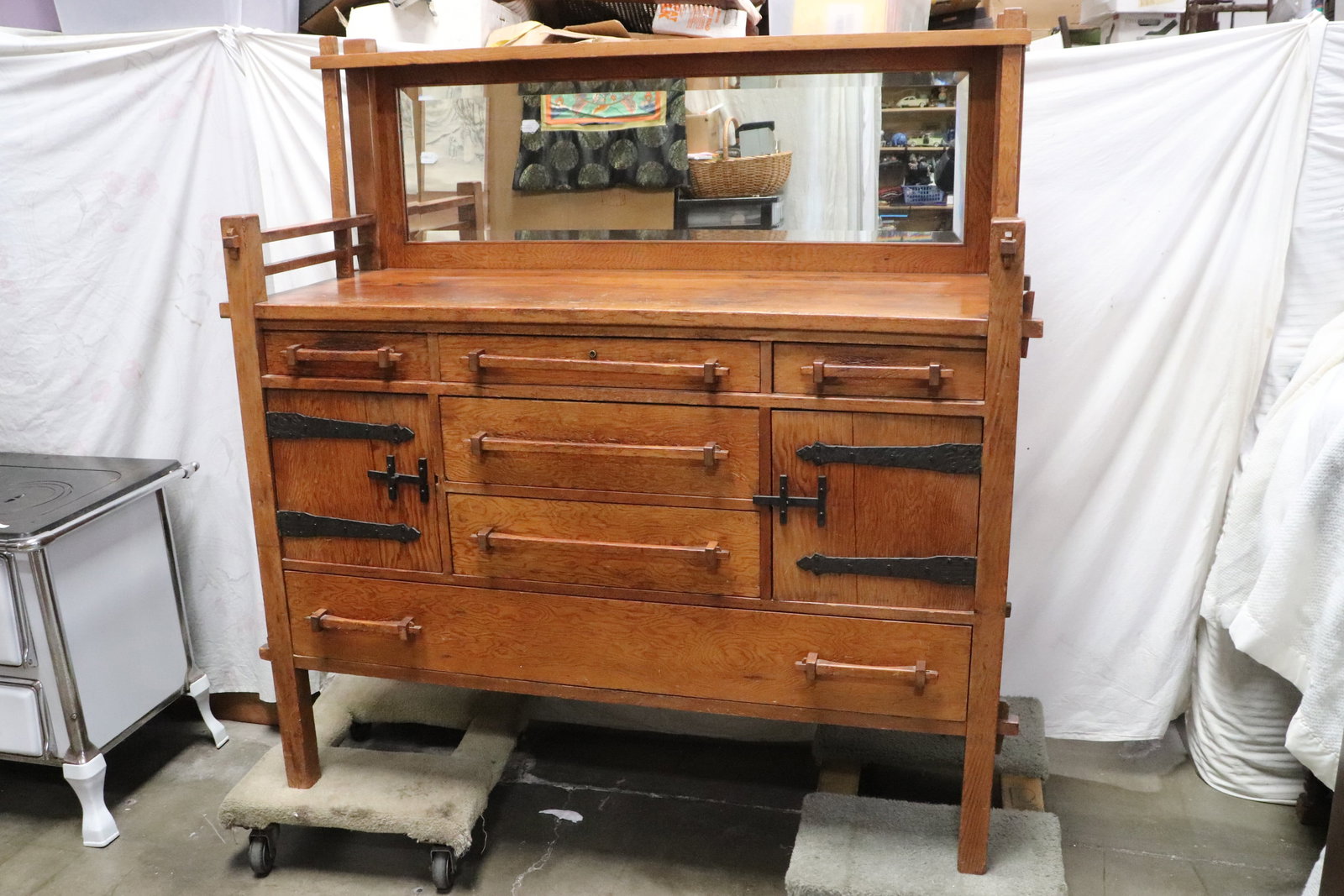 19th/20th c, Mission oak sideboard w/ beveled mirror (1 of 12)