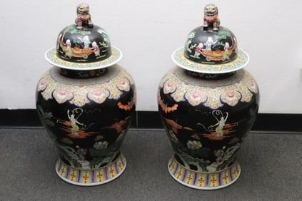Pair massive Chinese porcelain covered baluster jars