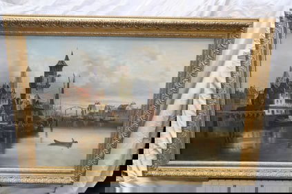 L. Van Howe (Karl Kaufmann, Germany 1843 -1901), oil on canvas "harbor scene w/ ship"