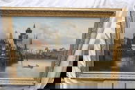 L. Van Howe (Karl Kaufmann, Germany 1843 -1901), oil on canvas "harbor scene w/ ship"