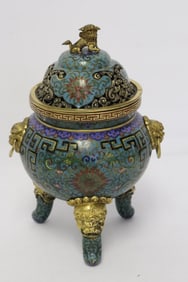 Chinese 18th c. gilt bronze cloisonne covered censer