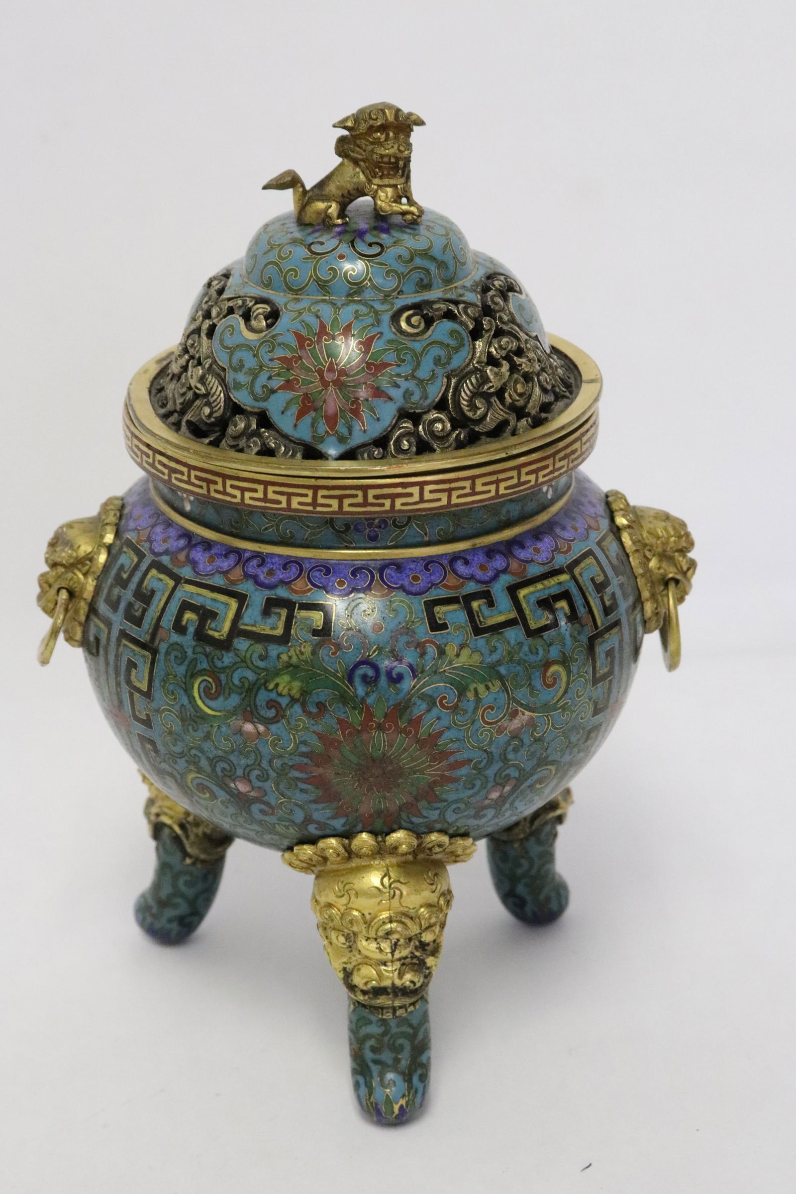Chinese 18th c. gilt bronze cloisonne covered censer: Fine Chinese 18th century gilt bronze cloisonne covered censer with qilin motif finial and handles, 6.8"x4.7"x4.1"