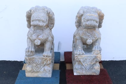 Pair Chinese 19th/20th century large stone carved fulions