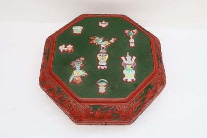 Chinese 19th/20th c. large cinnabar box w/ porcelain plaques