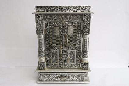 A Tibetan wood shrine box overlay w/ silver sheet