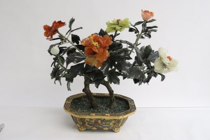 A jade tree with cloisonne base
