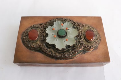 Chinese copper box w/ a 19th c. Hetian white jade
