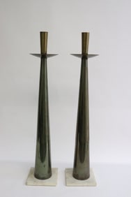 Pair 50's modern brass and marble candle holders